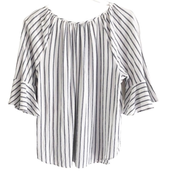 Chaps Ruffled Short Sleeve Peasant Blouse Blue White Striped Large - Picture 3 of 11